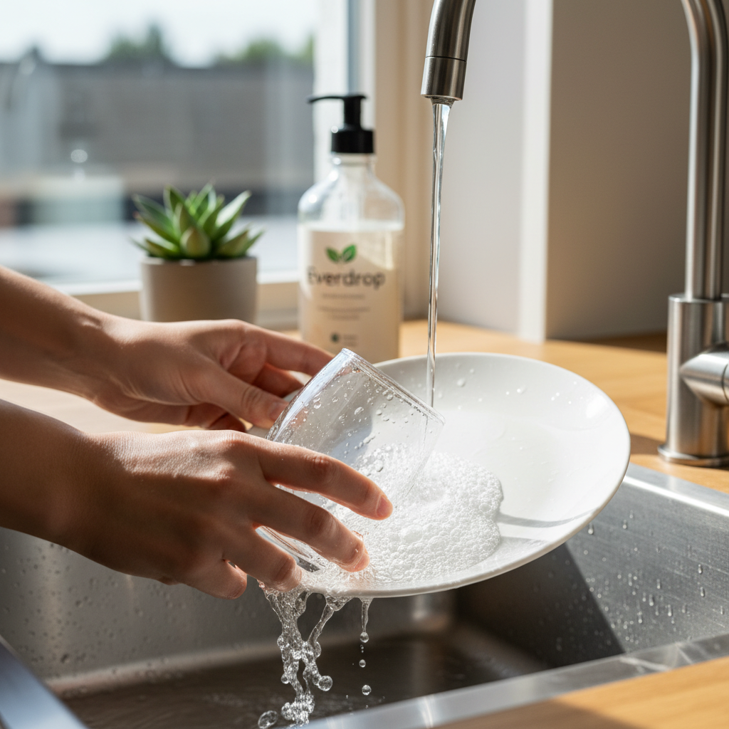 A professional, bright photo capturing the essence of effective and eco-friendly dishwashing. The scene features hands gently washing a stack of sparkling clean dishes (a plate, a glass) in a modern kitchen sink. The water in the sink appears clear and pristine, with subtle bubbles indicating a gentle, yet powerful, cleaning action. In the background, slightly out of focus, a small, elegant bottle of Everdrop dish soap is visible, alongside a fresh green plant or a symbolic element of nature, like a dewdrop, emphasizing its environmental benefits. The lighting should be natural and inviting, highlighting the cleanliness and the product's natural alignment.