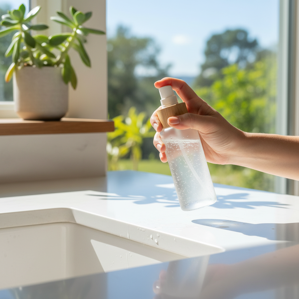 A close-up, professional photograph of a pristine, modern kitchen counter or bathroom sink, sparkling clean and reflecting light. A hand is gently holding a minimalist spray bottle, filled with a clear liquid, suggesting a universal cleaner. In the soft-focused background, elements like a small green plant or a sunlit window with a view of foliage subtly emphasize the product's natural and eco-friendly attributes. The overall image conveys freshness, cleanliness, and a sense of gentle effectiveness, with a focus on a bright and airy atmosphere.
