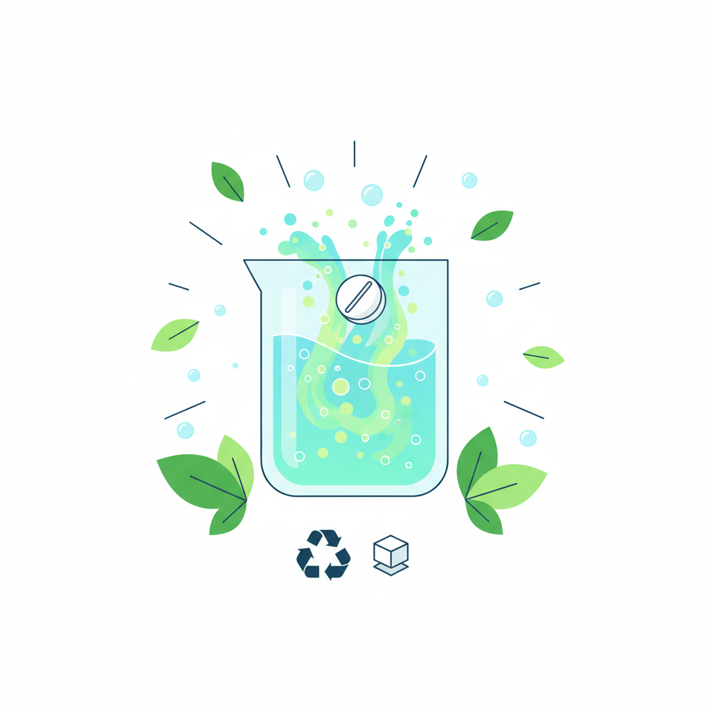 A minimalist flat illustration depicting the core concept of a sustainable cleaning concentrate. In the center, a small, compact, tablet-like form (representing the concentrate) is dissolving into a beaker or simple glass bottle filled with clear water, creating a vibrant cleaning solution. Surrounding this central action, stylized green leaves or subtle bubbles emanate, symbolizing natural ingredients and freshness. Below, a small, simplified stack of reduced packaging materials or a recycling symbol could subtly represent the ecological benefits. The colors should be clean, bright, and modern, using greens, blues, and whites.
