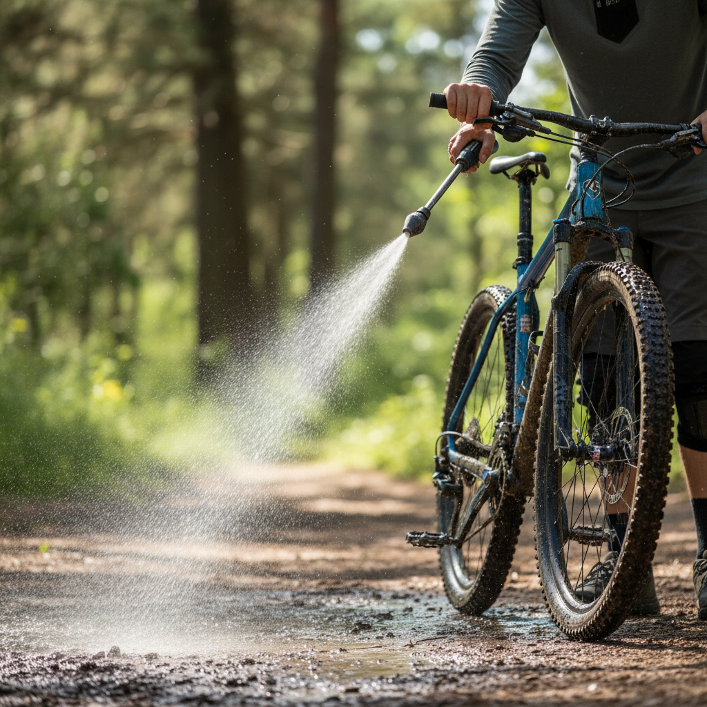 A professional photo capturing a person gently cleaning a muddy mountain bike outdoors with a bicycle-specific low-pressure washer. The focus is on the correct technique: holding the nozzle at a safe distance and angle from the bike frame, directing the soft spray towards the tires and frame while avoiding sensitive areas. Sunlight highlights water droplets and the emerging cleanliness of the bike, suggesting an effective yet careful process. The background is a slightly blurred natural outdoor setting.