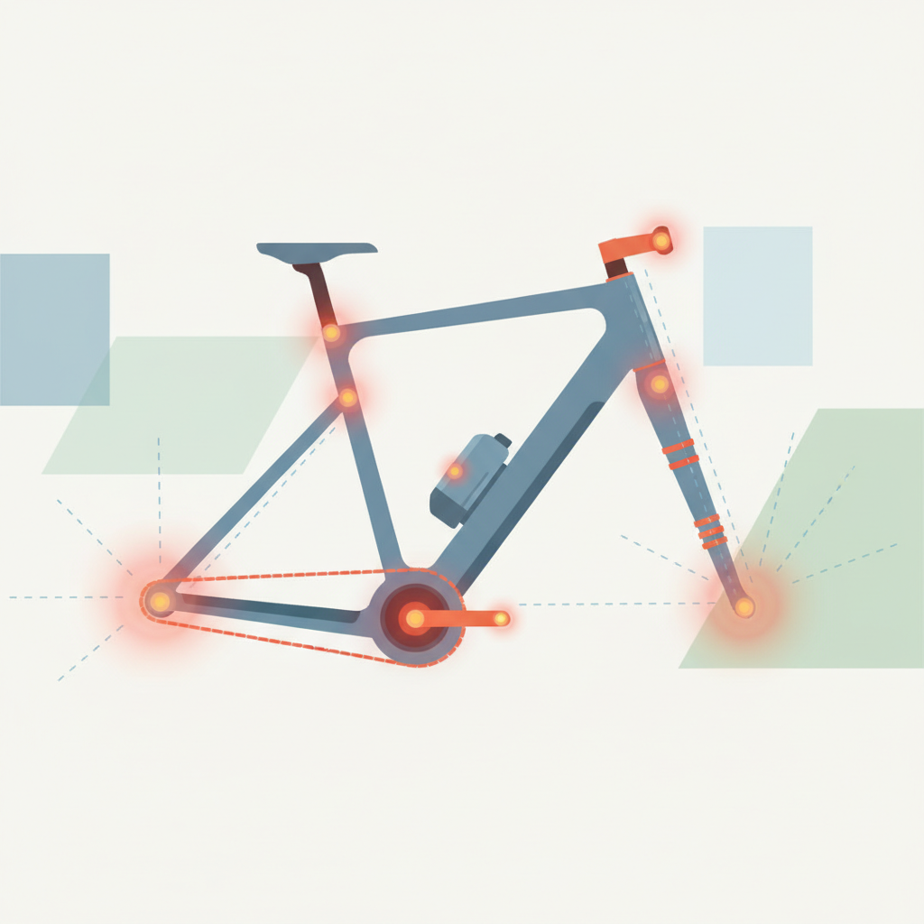 A clean, modern flat illustration depicting a bicycle frame with several key components highlighted. Visually indicate vulnerable areas like wheel hubs, bottom bracket, headset, suspension seals, and electronic connections, possibly using subtle glow effects or contrasting colors to draw attention. The overall style should convey information without being overly technical, perhaps with light dashed lines showing potential water ingress points if high pressure were applied improperly. The illustration should be visually appealing and informative, suitable for a blog post.