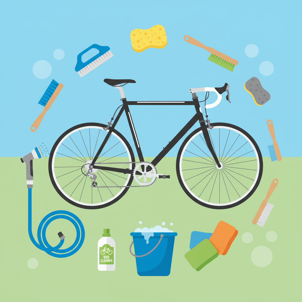A clean and crisp flat illustration showcasing an array of essential bicycle cleaning tools artfully arranged around a stylized, clean bicycle. The tools include soft brushes of varying sizes, sponges, microfiber cloths, a bucket, a bicycle-specific cleaner bottle, and a gentle hose nozzle. The bicycle itself is depicted as spotless and well-maintained. The background is simple and uncluttered, using bright, friendly colors to convey ease and efficiency. The overall composition highlights the necessary equipment for effective bicycle care.