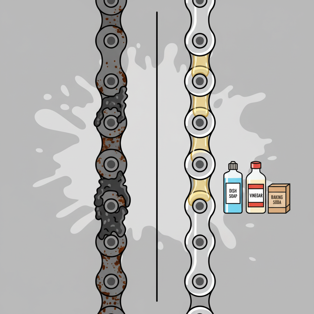 A split image or infographic-style illustration contrasting a heavily soiled, rusty bicycle chain on one side with a sparkling clean, well-lubricated chain on the other. In the background or accompanying the clean side, subtly depict small containers or bottles representing common household cleaning agents like dish soap, vinegar, and baking soda, suggesting their role in the transformation. The overall style should be a crisp, clean flat illustration with clear lines and vibrant colors, suitable for a DIY guide, emphasizing the positive outcome of cleaning.