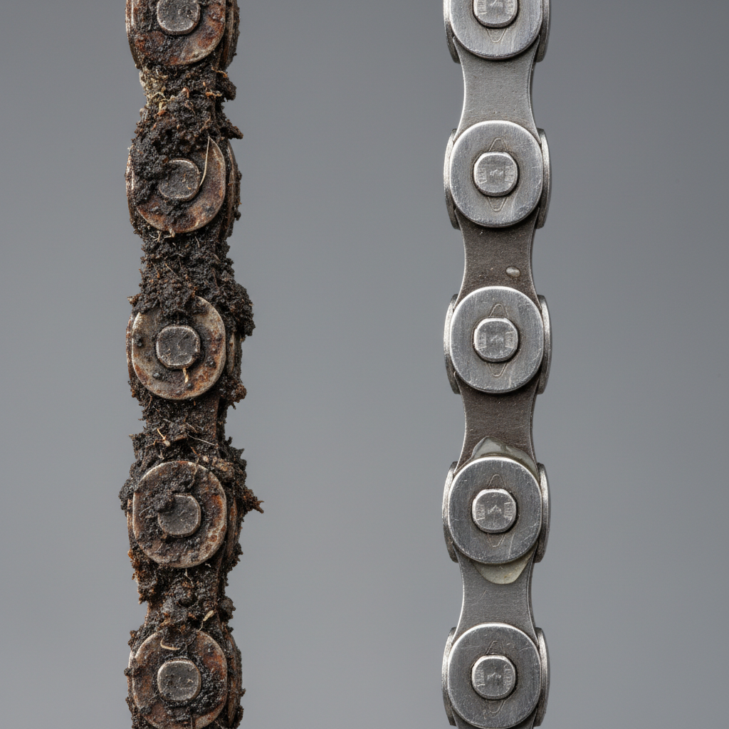 A high-quality, professional studio photograph capturing a stark side-by-side comparison of two bicycle chain segments. On the left, a heavily soiled, grimy chain segment with visible caked-on dirt, old grease, and a hint of rust, emphasizing neglect. On the right, a meticulously clean, polished chain segment, showing glistening, smooth metal links and rollers, perhaps with a subtle sheen of fresh lubricant. The background is uniformly clean and blurred, ensuring focus on the chains. The image should clearly illustrate the dramatic visual difference between a neglected and a well-maintained bicycle chain.