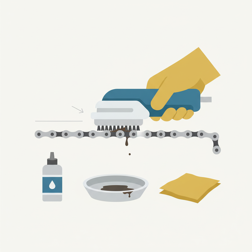 A detailed, clean flat illustration depicting the process of cleaning a bicycle chain. The central element is a segment of a bicycle chain, with a hand holding a specialized chain cleaning device or a brush actively scrubbing it. Around this action, various cleaning essentials are subtly represented: a bottle of chain cleaner, a small bucket or basin, and a clean rag. The style should be modern and infographic-like, using a clear, limited color palette that emphasizes clarity and the step-by-step nature of the task. The overall composition should convey efficient and effective maintenance.