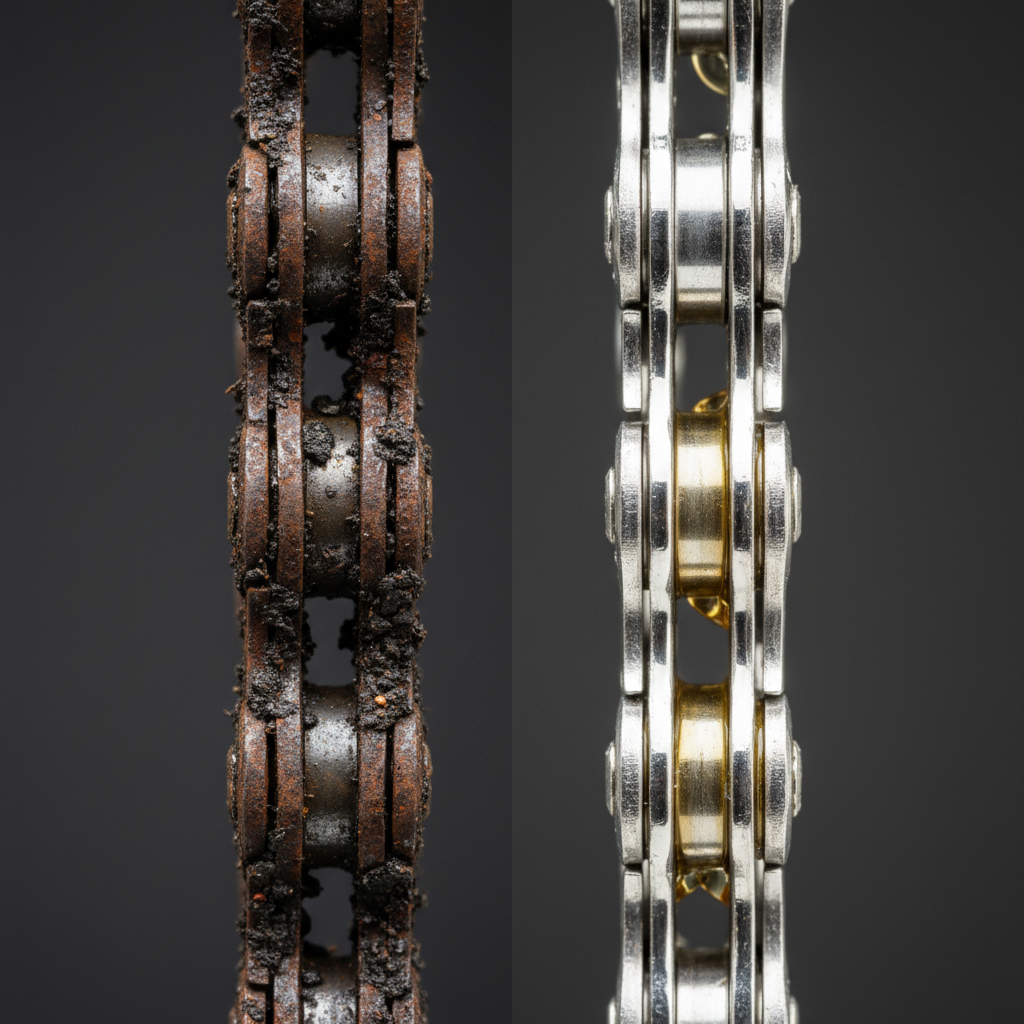A professional studio photograph capturing a compelling before-and-after comparison of bicycle chains. On the left, a close-up macro shot of a heavily neglected, rusty, and grimy bicycle chain, with visible dirt particles embedded in its links and signs of wear. On the right, a perfectly clean, freshly oiled, and shiny bicycle chain, gleaming under bright light, showcasing its smooth, immaculate appearance and optimal condition. The background for both sides should be minimalist and dark, allowing the chains to stand out sharply.
