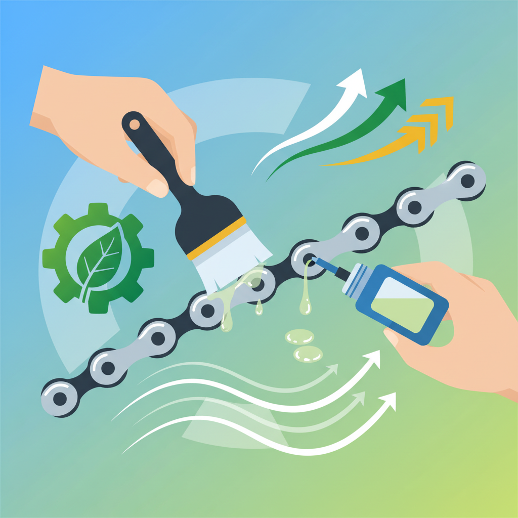 A vibrant, detailed flat illustration or vector art style image. It depicts a segment of a bicycle chain in the center, being meticulously cleaned and oiled by unseen hands using a brush and a drip bottle of lubricant. Surrounding the chain, abstract visual elements represent its benefits: a subtle upward arrow or speed lines for increased efficiency, a sturdy leaf or gear icon for longevity, and a smooth, fluid line pattern suggesting improved shifting and reduced friction. The overall composition should be clean and energetic, highlighting the positive outcomes of maintenance.