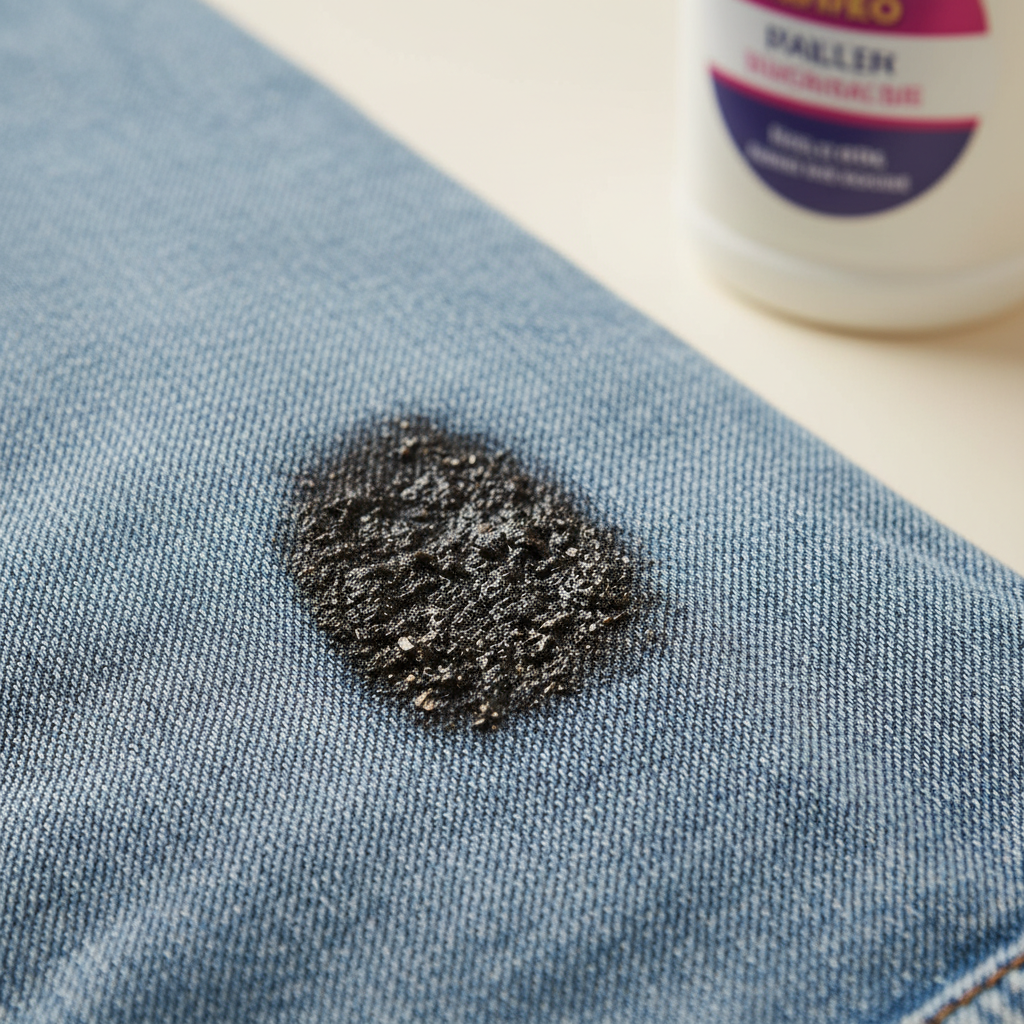 A close-up, high-detail professional photo focusing on a stubborn, dark, greasy bicycle chain stain on a piece of light-colored denim fabric, possibly a pant leg or sleeve. The stain should appear textured, showing the blend of oil, dirt, and metallic particles, illustrating its tenacity and adherence to the fibers. The fabric around the stain should be clean and crisp, highlighting the stark contrast. Soft, natural studio lighting emphasizes the problematic nature of the stain. The overall mood is slightly challenging but hints at a forthcoming solution.