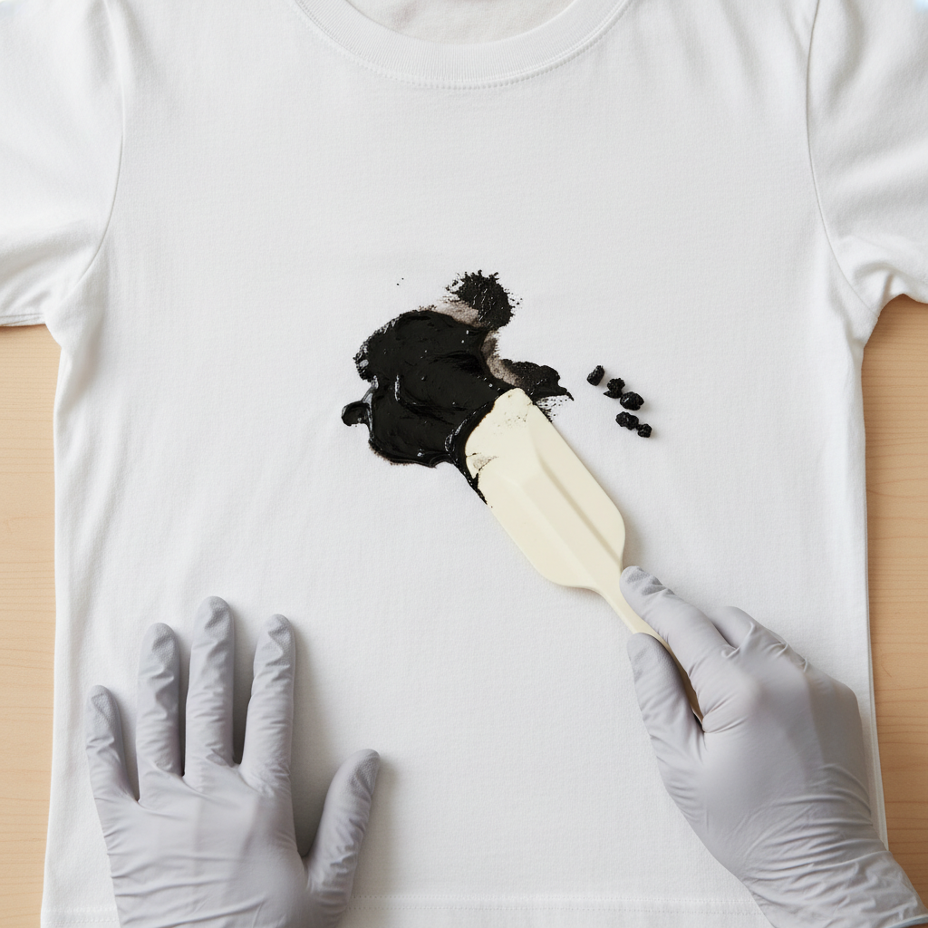 A bright, clean, top-down professional photo showing a person's hands (clean, with short sleeves, or wearing light-colored protective gloves) carefully using the dull edge of a plastic spatula or an old credit card to gently scrape a prominent, dark, sticky bicycle chain grease stain from a white or light-grey cotton T-shirt or robust textile. Small, dark, scraped-off residue should be visibly accumulating beside the stain on the fabric or on the edge of the tool. The background is a simple, clean, light-colored workbench surface, focusing entirely on the action.