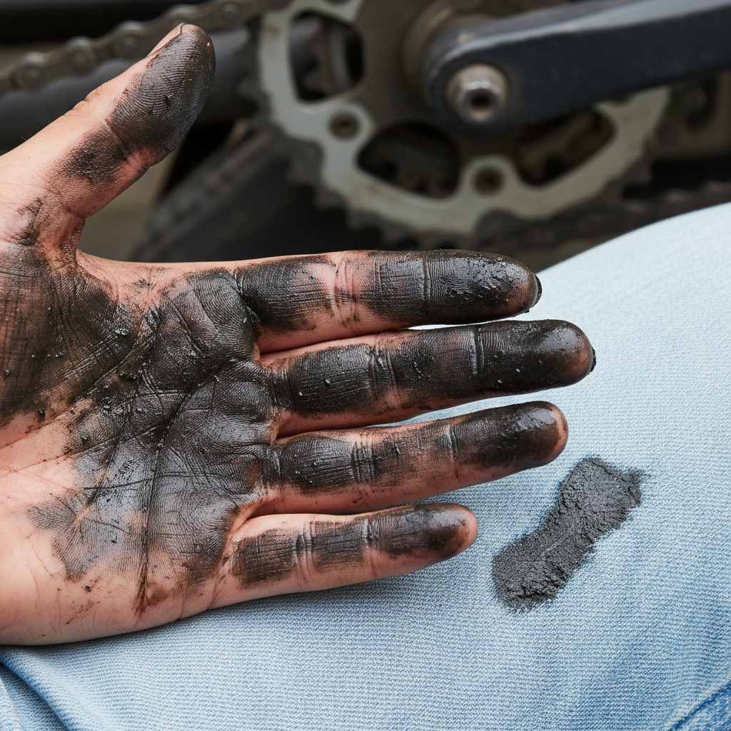 A close-up, high-definition professional photo capturing a human hand, distinctly smeared with thick, dark bicycle chain grease. The hand is gently brushing against a light-colored fabric, like a denim pant leg or a light shirt sleeve, leaving a subtle, unwelcome smudge. In the background, slightly out of focus, a segment of a bicycle chain is visible, emphasizing the source of the stain. The lighting should be bright, highlighting the greasy texture and the contrast between the dark stain and the fabric, conveying the frustrating problem of chain grease.
