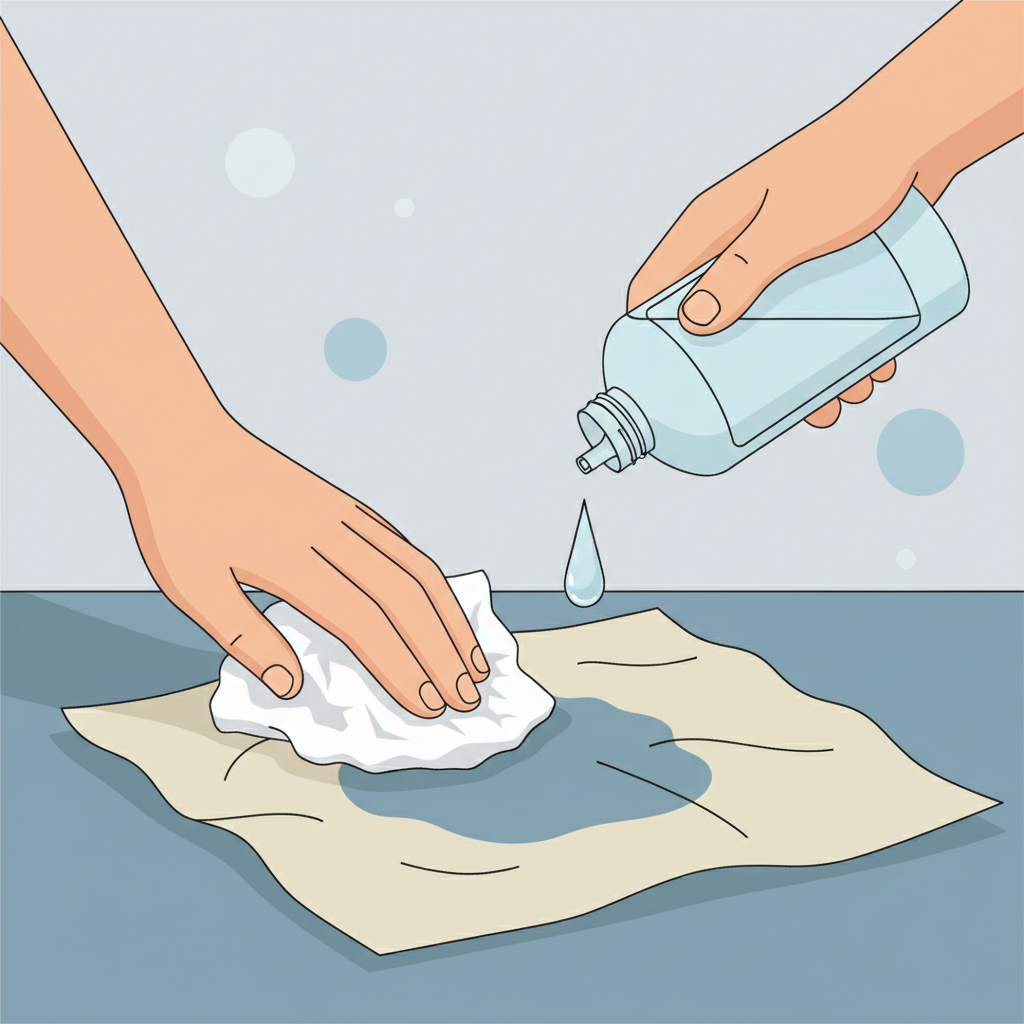 A vibrant, clean flat illustration showing a pair of hands engaged in the pre-treatment process for removing a bicycle chain stain from clothing. One hand holds a crumpled piece of white paper towel or a small cloth, delicately dabbing at a prominent dark grease stain on a crumpled piece of light-colored fabric. The other hand is holding a generic, unbranded bottle and is shown dispensing a single drop of clear liquid, symbolizing a degreasing agent like dish soap, directly onto the stain. The background is simple and uncluttered, focusing on the action.