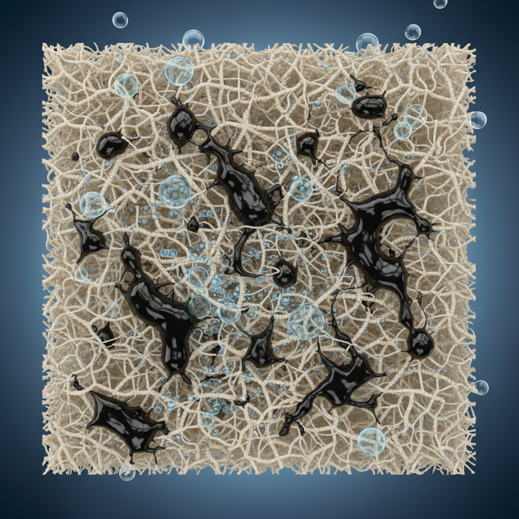 A close-up, stylized cross-section view of fabric fibers or a porous surface. Dark, viscous bicycle oil droplets are shown deeply penetrating and embedding themselves within the intricate structure of the material's fibers. Some oil is superficial, while other parts are clearly intertwined and bound to the fabric. The image should visually emphasize the hydrophobic nature of the oil, showing how it clings to the material and resists simple water removal, illustrating why it creates stubborn stains. Use a scientific diagrammatic render with a slight gradient for depth, contrasting light fabric and dark, shimmering oil.