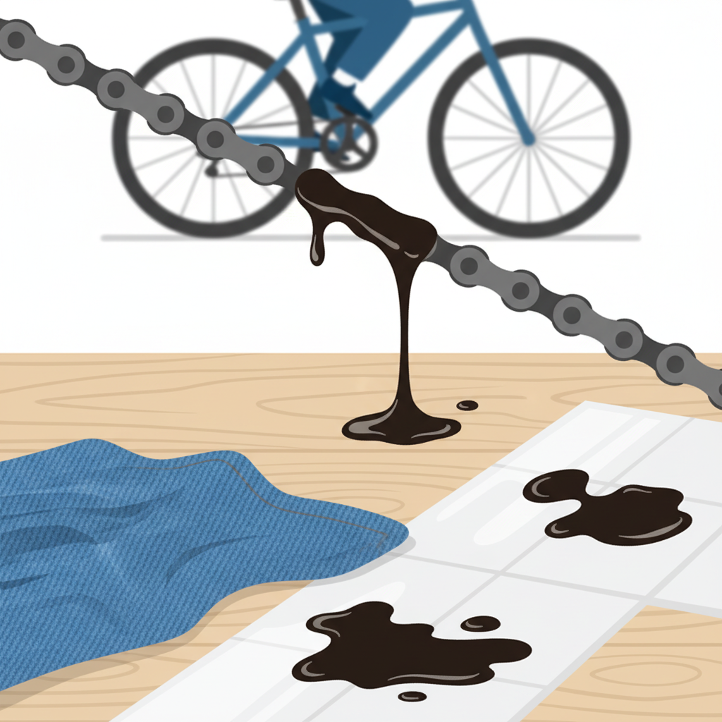 A dynamic, eye-catching flat illustration depicting a bicycle chain dripping dark, viscous oil onto various surfaces. The oil forms distinct, unsightly stains on a crumpled piece of denim fabric, a light wooden floorboard, and a section of white ceramic tile. A blurred, active bicycle in the background subtly suggests the origin of the stains. The overall mood should be slightly problematic yet informative, highlighting the widespread issue of oil contamination. Use a clean, modern color palette with good contrast between the dark oil and the affected materials, emphasizing the visual impact of the stains.