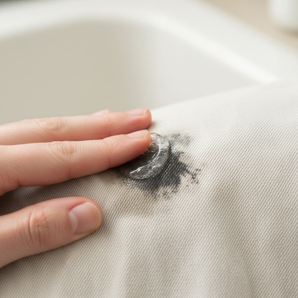 A close-up, high-quality professional photo capturing the pre-treatment process for removing a bicycle oil stain from fabric. A hand, with fingers gently visible, is carefully rubbing a small blob of clear, liquid dish soap directly onto a dark, prominent oil stain on a light-colored textile, such as a white t-shirt or a denim pant leg. The fabric's weave texture is clearly visible. The background is softly blurred, drawing full focus to the action and the stain. The lighting is bright and clean, conveying a sense of clarity and effective, practical action.