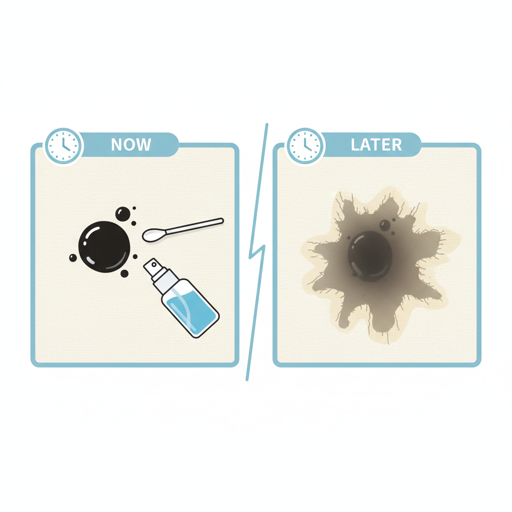 A split-screen or sequential illustration demonstrating the impact of time on a bicycle oil stain. On one side, a fresh, small dark oil stain on a light-colored fabric or surface, with cleaning tools like a cotton swab or a small cleaning bottle positioned as if ready for immediate action. On the other side, a larger, more spread-out, and deeply set dark oil stain, appearing more stubborn and difficult to remove, perhaps with visible material damage like slight discoloration. The contrast should clearly convey that fresh stains are easier to tackle, emphasizing the urgency of quick cleaning. Use clean lines and a friendly, infographic style.
