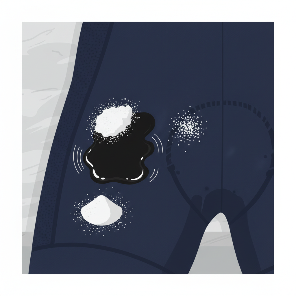 A flat illustration depicting a close-up of a dark blue or black fabric garment (e.g., a pair of cycling shorts or jeans) with a visible, fresh-looking dark bicycle chain oil stain on it. Various white or light-colored absorbent powders are shown carefully applied over different sections of the stain. One part might have a fine dusting of cornstarch, another a small pile of baking soda, and a third a sprinkling of salt. The powders are actively 'working' on the oil, perhaps with subtle lines indicating absorption. The background is a clean, minimalist home surface like a light countertop.
