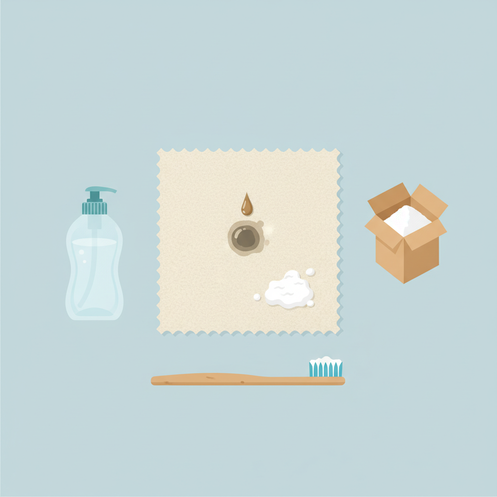 A clean, modern flat illustration showing a light-colored fabric swatch (e.g., beige cotton) with a small, distinct bicycle oil stain in the center. Arranged neatly around the fabric are essential stain removal tools: a bottle of liquid dish soap, an open box of baking soda, and a small, old toothbrush. A tiny, realistic droplet of dish soap is actively being applied to the stain, or a small mound of baking soda paste is spread over it, suggesting the pre-treatment process. The background is simple and uncluttered, highlighting the tools and the fabric.