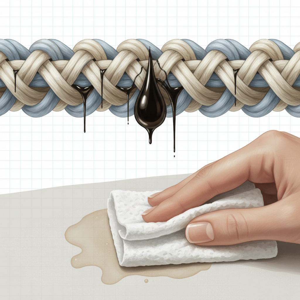 A detailed digital painting showing a conceptual cross-section of woven textile fibers. A viscous, dark bicycle chain oil droplet is visually depicted in the process of deeply permeating and adhering to these individual fibers, illustrating its stubborn nature. In the foreground, a gentle hand, holding a white paper towel, is carefully dabbing at the surface of a similar oil stain on a piece of fabric, symbolizing the initial 'blotting' action. The overall atmosphere is clean and informative, using a slightly muted color palette to highlight the oil and fabric.