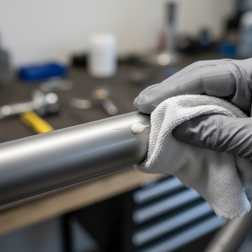 A professional, close-up photograph of a section of a bicycle frame (e.g., top tube or down tube). The frame, possibly metallic grey or black, exhibits a subtle, minor scratch. A gloved hand, holding a small, white microfiber cloth, is gently rubbing a clear or white polishing compound onto the scratched area. The focus is sharp on the repair process, with a shallow depth of field blurring the background slightly. The lighting is clean and bright, emphasizing the meticulous work.