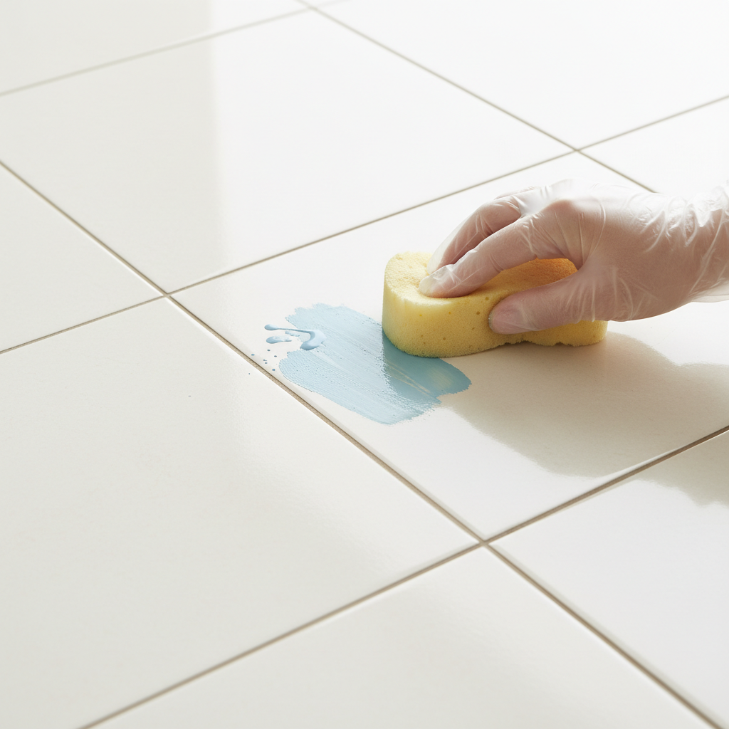 A close-up, professional photo capturing a section of clean, light-colored ceramic floor tiles. On one tile, a small, fresh splatter of a light blue, water-based paint is visible. Adjacent to it, a gloved hand (wearing a clear or white cleaning glove) is gently wiping a similar paint splatter with a slightly damp, light-colored sponge, demonstrating the paint easily lifting off the tile surface. The overall lighting is bright and clean, emphasizing a hygienic and effective cleaning process.