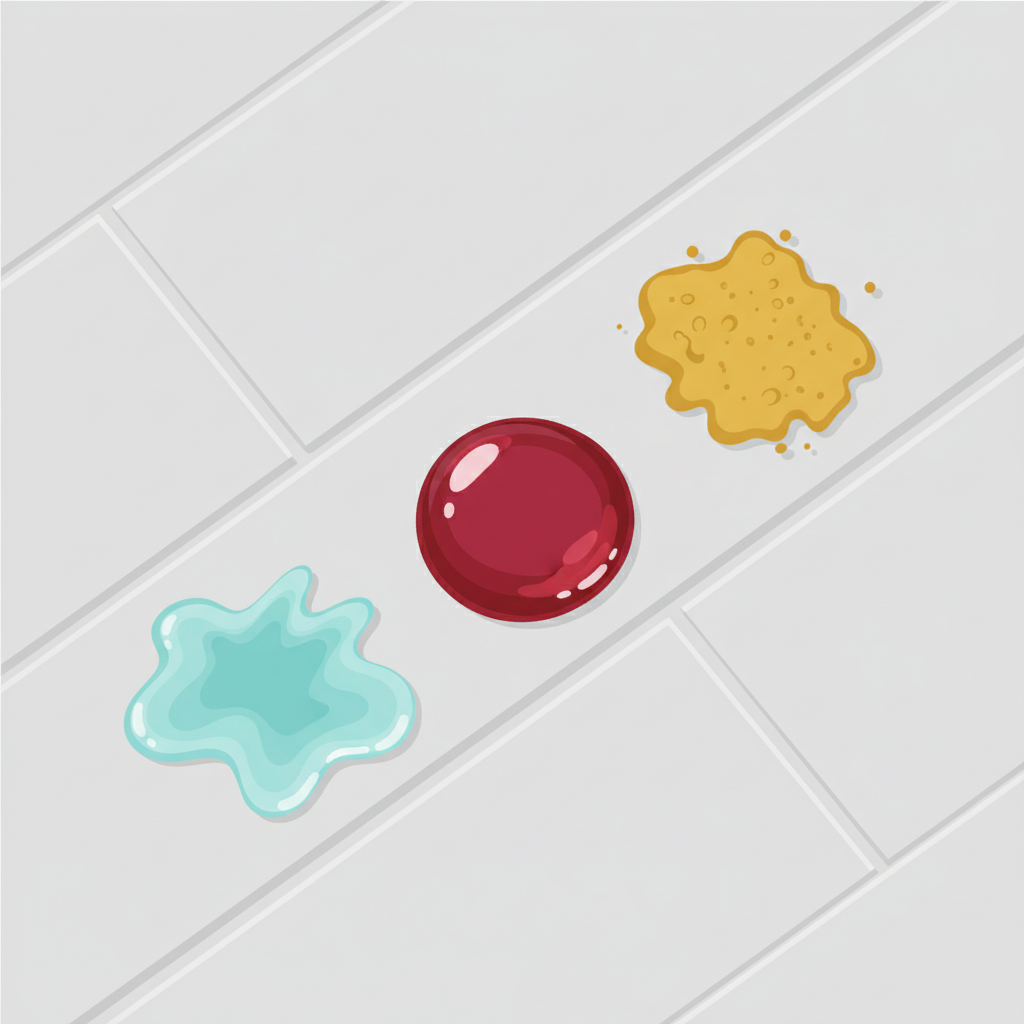 A modern, clean flat illustration depicting a smooth, light grey tile surface. On this surface, three distinct paint splatters are arranged. The first splatter appears fluid and transparent, hinting at a water-based paint. The second is a thicker, glossy drop, suggesting an oil-based paint or lacquer. The third is a more textured, resistant-looking blob, representing a specialized or hardened paint. The illustration uses a bright, inviting color palette for the paint splatters, each with a unique visual characteristic conveying different material properties.