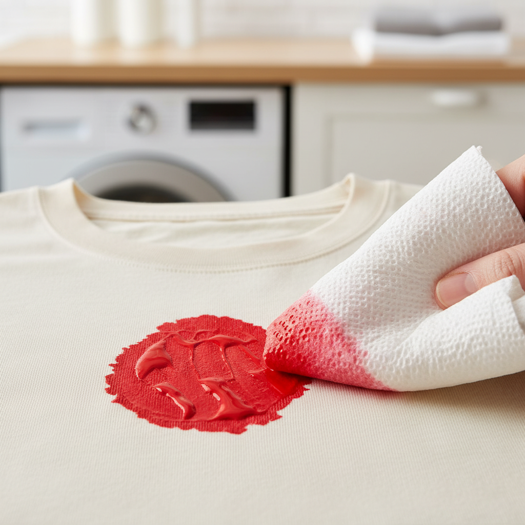 A close-up, brightly lit professional photo showing a fresh, vibrant red paint stain on a light-colored cotton t-shirt. A clean, white paper towel or soft cloth is gently dabbing the edge of the wet stain, demonstrating the 'blotting, not rubbing' technique. The background is slightly blurred, suggesting a clean, domestic laundry environment. The image conveys immediate, careful action to prevent the stain from setting, emphasizing precision and the importance of quick intervention. Soft, natural lighting highlights the texture of the fabric and the liquid nature of the paint.