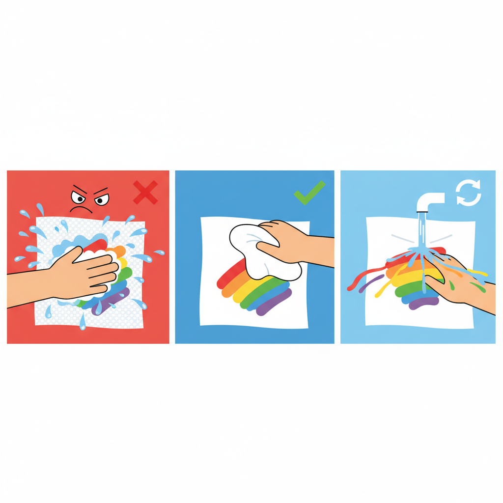 An infographic-style flat illustration composed of three distinct panels. The first panel depicts a hand aggressively rubbing a wet, colorful paint stain on a piece of fabric, with a visual symbol clearly indicating 'incorrect action'. The second panel shows a hand gently pressing a clean cloth onto a similar paint stain, demonstrating the 'correct blotting' technique, with a 'correct action' symbol. The third panel illustrates the reverse side of the stained fabric being rinsed under a gentle stream of cold water, flushing the paint outwards. The color palette is clean and modern, using contrasting colors to highlight the dos and don'ts.