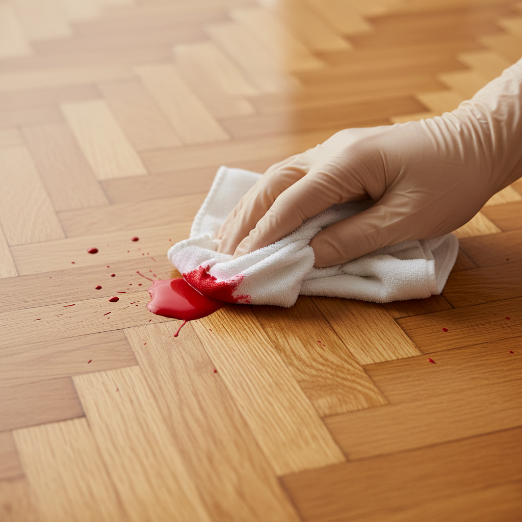 A professional, close-up photo of a pristine parquet floor. A small, vivid splash of red paint has just landed on one of the polished wooden planks, contrasting sharply with the warm wood tones. A hand, wearing a light-colored, thin glove, is gently dabbing the fresh paint with a soft, absorbent cloth, showing the immediate and careful action of stain removal. The focus is on the delicate interaction between the cleaning tool and the fresh paint, without any visible damage to the parquet.