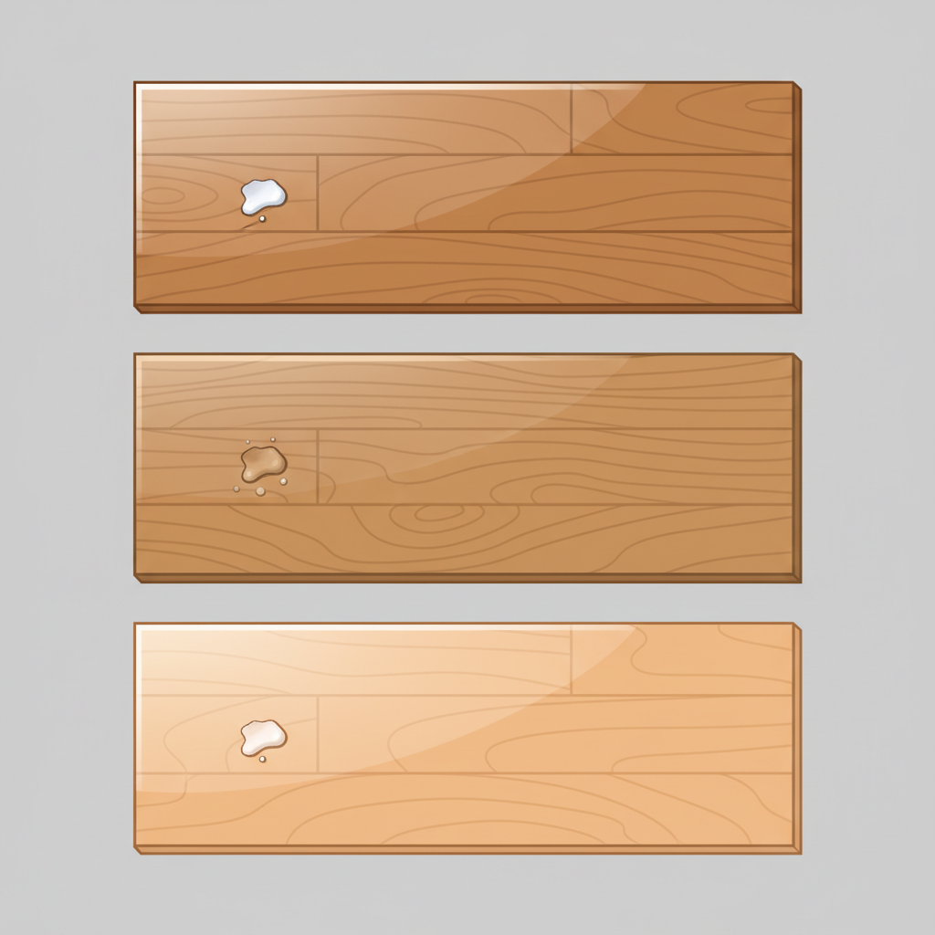A modern, clean flat illustration depicting three distinct sections of parquet flooring arranged horizontally. Each section represents a different surface treatment: the first with a glossy, protective lacquered finish; the second with a natural, slightly matte oiled finish; and the third with a soft, subtle waxed finish. A tiny, dried paint splatter is shown on the surface of each section, subtly illustrating how paint adheres or sits differently on each protective layer, emphasizing the varied interactions with the floor's treatment.
