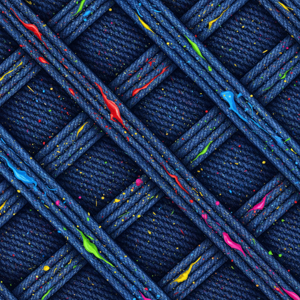 A highly detailed, macro-level illustration of a denim fabric weave. Several indigo blue threads are clearly visible, interwoven in the characteristic denim pattern. Splashes and streaks of vibrant, multi-colored paint (e.g., bright red, yellow, blue) are deeply embedded within the fibers and interstices of the denim. The paint appears to be clinging stubbornly to the individual threads, illustrating the challenge of removal. The style should be a clear, crisp digital illustration with a slightly scientific or infographic feel, emphasizing the deep penetration of pigments into the fabric structure.