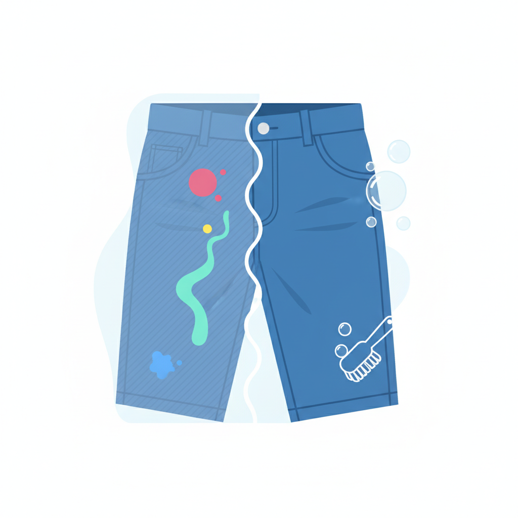 A clean, modern flat illustration depicting a section of a folded blue denim jean leg. One area of the jean is visibly splattered with various colorful paint stains (e.g., a dried red acrylic blot, a fresh green water-based streak). Adjacent to the stained area, another section of the jean appears perfectly clean and pristine, suggesting successful stain removal. Implied elements of cleaning could include subtle bubbles, a gentle brush icon, or droplets of liquid near the clean part. The overall impression should be organized and visually communicate the transformation from stained to clean.
