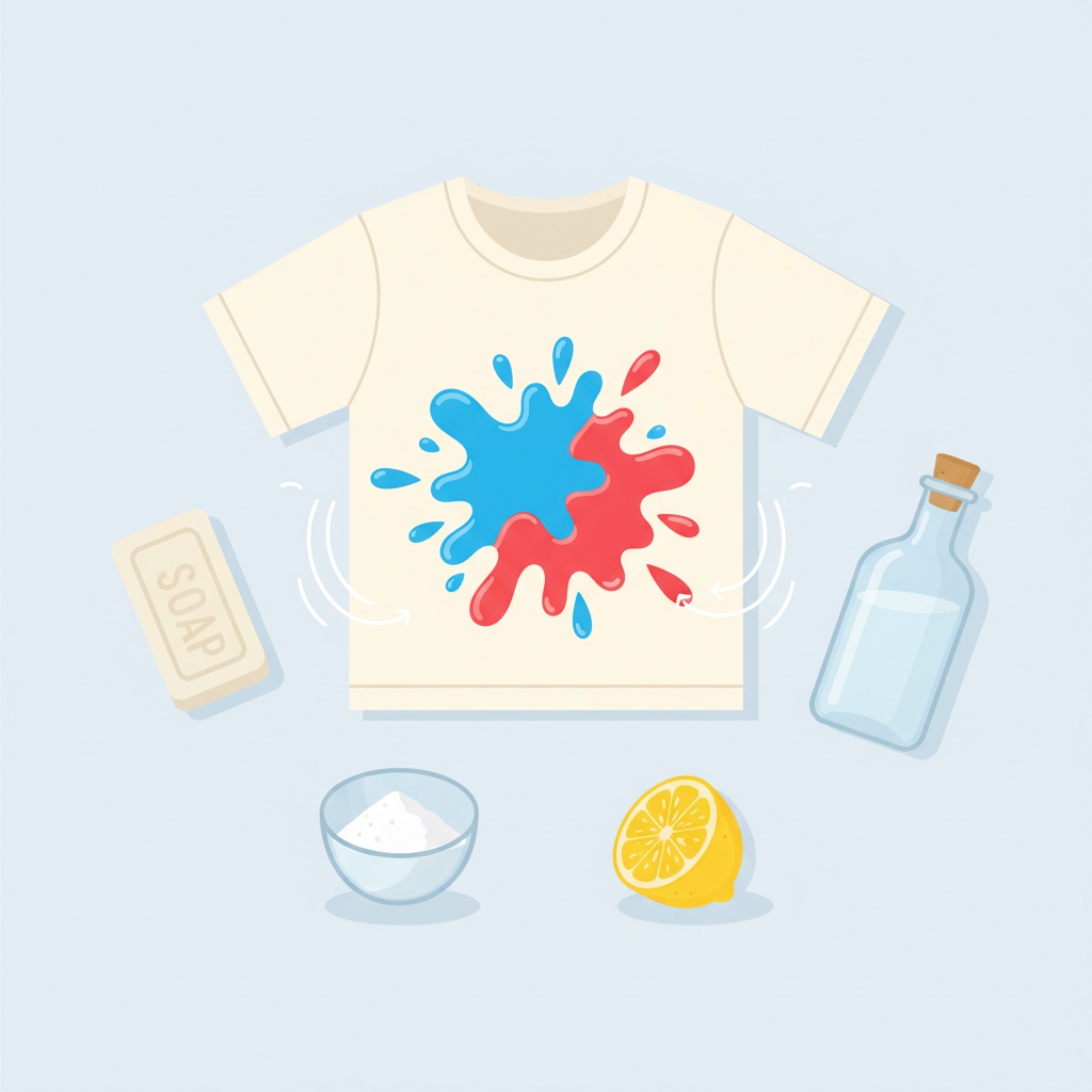 A professional flat illustration depicting a light-colored t-shirt with a vibrant, fresh paint splatter (e.g., blue or red) on its front. Surrounding the t-shirt, on a clean, light surface, are neatly arranged household items representing stain removal: a bar of traditional soap, a small glass bowl of baking soda, a half-cut lemon, and a transparent bottle of vinegar. A gentle, almost invisible 'lifting' effect on the stain's edges could be subtly hinted at, symbolizing effective cleaning with natural ingredients. The overall aesthetic should be bright and encouraging, emphasizing simplicity and natural solutions.