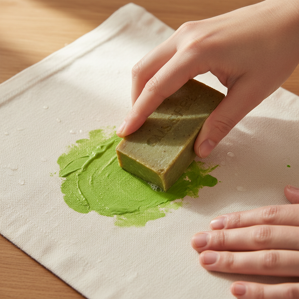 A close-up, high-angle professional photo focusing on hands gently treating a fresh, wet paint stain (e.g., a vibrant yellow or green finger paint splotch) on a light-colored fabric. One hand holds a bar of natural Gallseife (bile soap), carefully rubbing it onto the affected area. The fabric appears slightly damp, suggesting it has been pre-soaked in cold water. The background is softly blurred, keeping the focus entirely on the action of stain treatment and the textures of the fabric and soap. The lighting should be soft and natural, conveying a sense of care and gentle effectiveness.