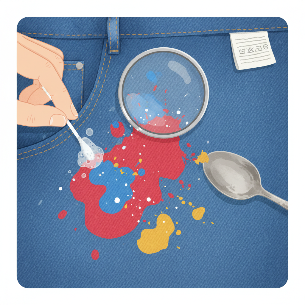 A close-up view of a denim fabric with a significant, multi-colored dried paint stain, such as splatters of red, blue, and yellow. Around the stained area, subtle elements symbolize preparation: a magnifying glass hovers over a tiny section of the stain for identification. A fabric care label is visible in the soft-focus background. A hand gently tests a cleaning method on an inconspicuous seam. A blunt, silver spoon carefully scrapes a small, loose flake of paint from the stain's edge. Style: Clean, detailed flat illustration with a soft, inviting color palette, emphasizing fabric texture.