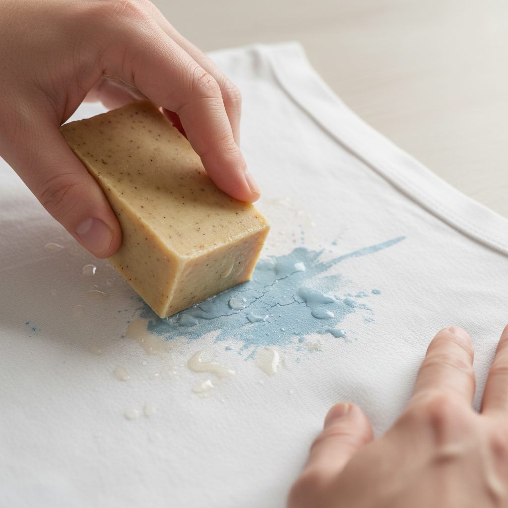 A close-up of adult hands meticulously treating a dried paint stain on a light-colored cotton garment. The garment, perhaps a white t-shirt, has a noticeable, light blue paint splatter. One hand holds a bar of natural, yellowish gall soap, directly applying it to the pre-moistened stain. Small water droplets are visible on the fabric surrounding the paint, indicating the surface is damp. The overall scene conveys careful, focused application of a home remedy. Style: Detailed, realistic studio photograph with soft, natural lighting, highlighting fabric texture and the tactile process.