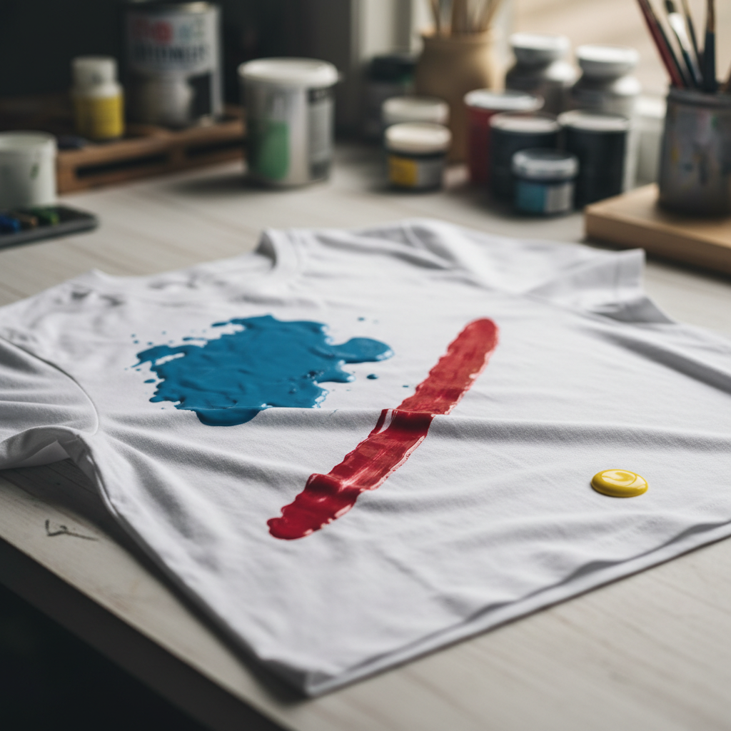A visually engaging, high-resolution professional photo. The main subject is a white cotton t-shirt or garment, displayed slightly crumpled on a light-colored surface. It's adorned with several distinct, colorful paint stains: a splash of vibrant blue, a streak of red, and a small yellow dot, implying different types of paint accidents. The background is softly blurred, hinting at a creative or DIY home environment, like a workbench with abstractly out-of-focus paint cans or brushes. The overall impression is one of common household mishaps, highlighting the article's core problem.