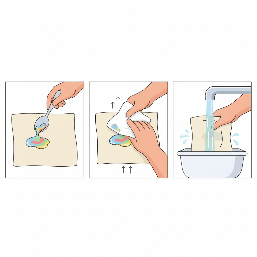 A clean, instructional flat illustration with a white background. The image depicts a sequence of immediate first aid steps for a fresh paint stain on a generic piece of light-colored fabric. Firstly, a hand gently uses the edge of a spoon to lift excess wet paint from a small, colorful stain. Next to it, another hand carefully dabs a liquid paint stain with a corner of a white paper towel, showing an upward motion, not rubbing. Finally, a close-up shows cold water running from a tap onto the reverse side of the stained fabric, held over a basin. The focus is on clear, distinct actions for stain removal.
