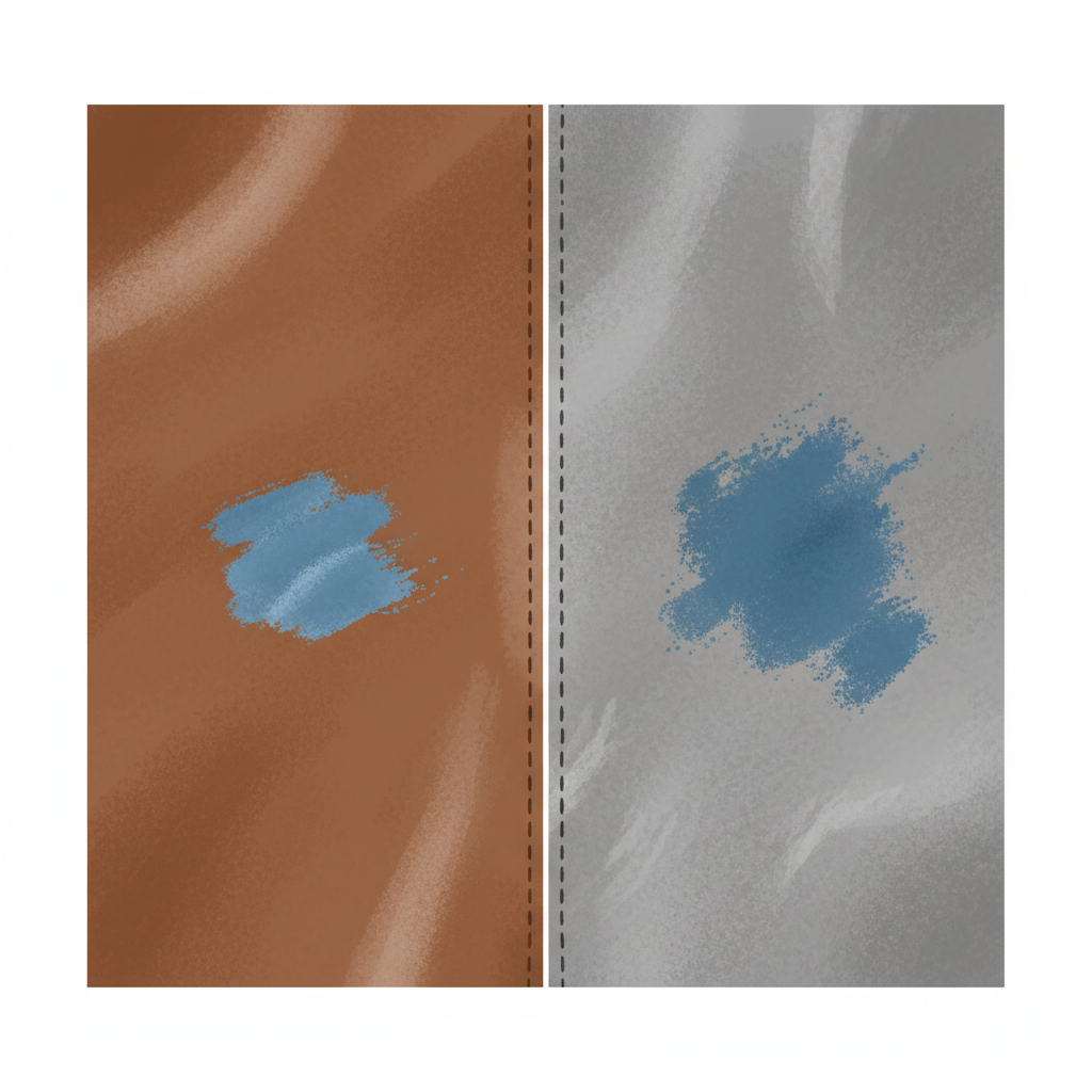 A split, side-by-side visual. On the left, a close-up of a smooth, slightly glossy brown leather surface, showing a small, partially cleaned blue paint stain, with the leather appearing resilient. On the right, a close-up of a textured, velvety grey suede surface, displaying a similar blue paint stain that has visibly seeped deeper into the fibers, highlighting its delicate nature. The contrast in texture and how the stain interacts with each material should be clearly visible. Style: Clean, modern flat illustration with subtle textures and a professional, informative feel.