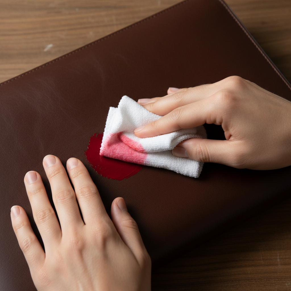 A close-up, high-angle shot focusing on a pair of hands (gender neutral) carefully dabbing a vibrant red paint stain on a piece of rich, dark brown smooth leather, possibly a section of a bag or shoe. One hand holds a small, white, damp cloth, gently pressing it onto the stain. The leather's texture and subtle sheen are prominent, with the background softly blurred to keep the focus on the cleaning action. Style: Professional photo with a shallow depth of field, natural lighting, emphasizing precision and the quality of the materials.