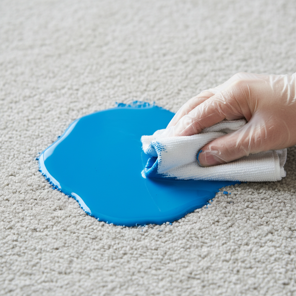 A close-up, high-angle professional photo of a vibrant, fresh blue paint spill on a light beige or grey loop-pile carpet. A hand, wearing a subtle protective glove, is gently dabbing the edge of the paint stain with a clean, rolled-up white paper towel or microfiber cloth, demonstrating a careful blotting motion from the outside in. The paint should appear slightly wet and glossy, hinting at its freshness. The background is subtly blurred to emphasize the texture of the carpet and the immediate action. The lighting is bright and natural, conveying a clean, actionable scene.