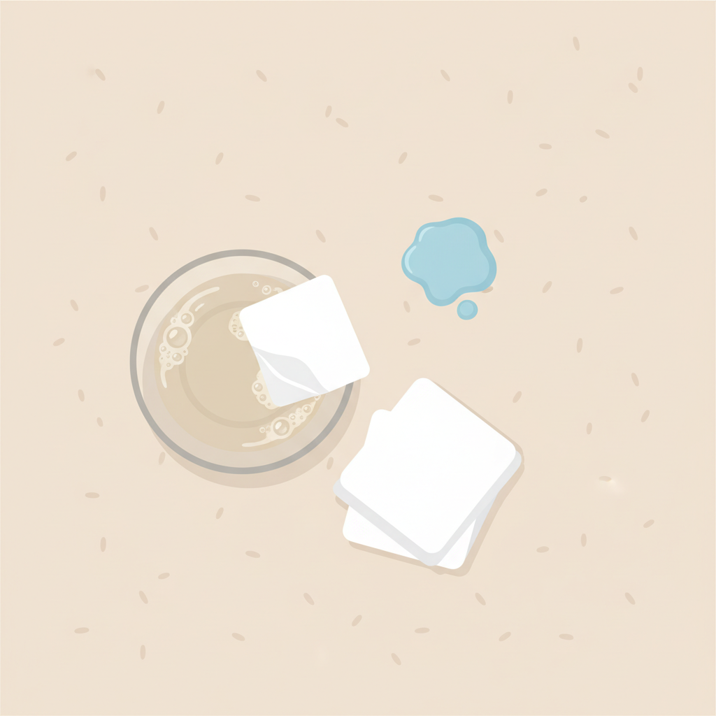A clean, bright flat illustration in a modern, professional style, depicting the preparation and initial application for cleaning a water-based paint stain. The image features a section of light-colored carpet with a small, circular, fresh paint stain. To one side, a clear glass bowl holds warm water with a few drops of mild dish soap, forming gentle bubbles. A clean, folded cloth is partially submerged in the soapy water. The composition should be clear and visually describe the recommended first steps without any text.