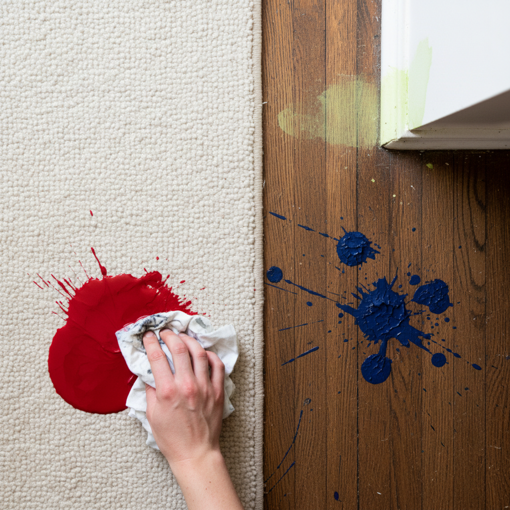 A professional, crisp overhead photograph capturing a chaotic yet stylized scene of paint stains. A vibrant splash of red acrylic paint is freshly splattered on a light-colored carpet, with a hand quickly reaching for it with a white cloth. Nearby, dried splatters of blue oil paint are visible on a wooden floor, and a faint green watercolor smudge is on a white wall. The composition emphasizes the urgency of fresh stains versus the challenge of older ones, showcasing different paint types and surfaces. The lighting is bright and clean, creating a sense of realism and immediate action.