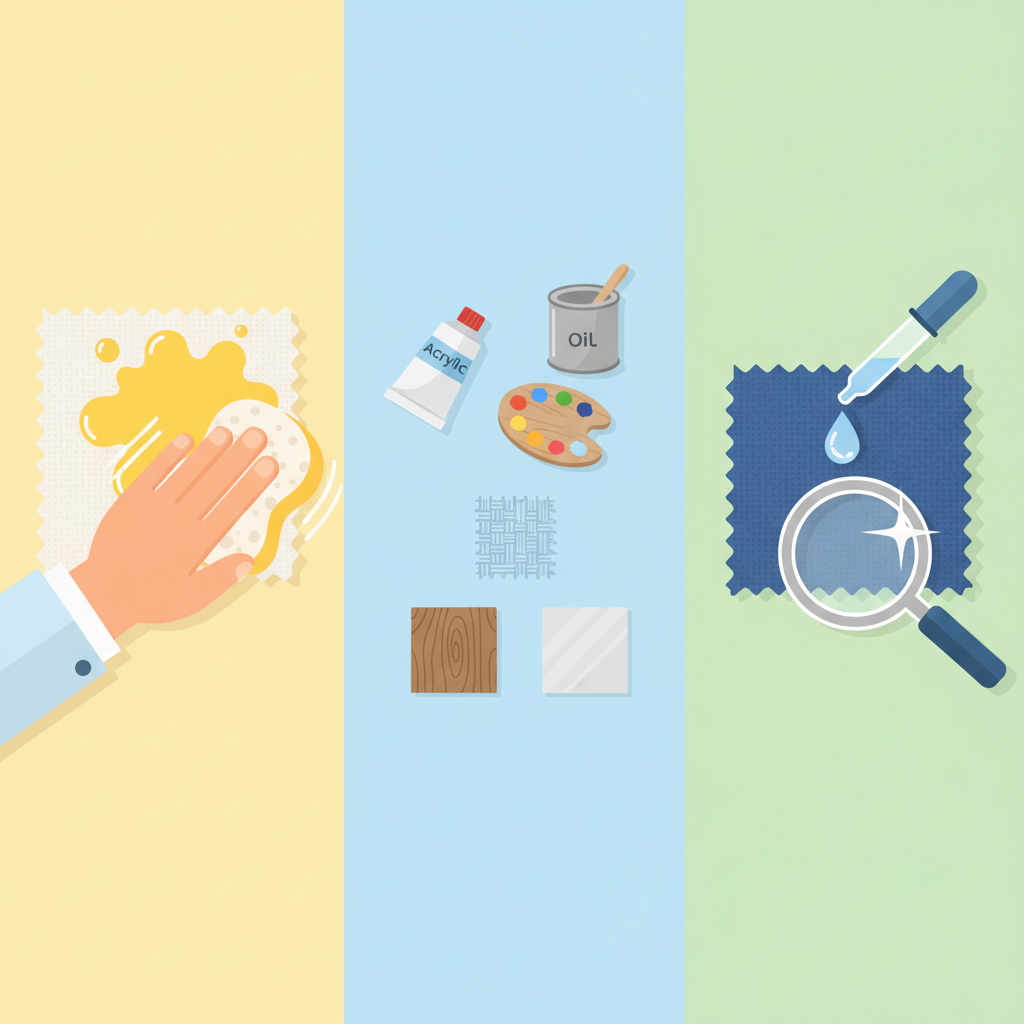 A clean, modern flat illustration depicting three key steps for paint stain removal. On the left, a hand quickly dabs a fresh, bright yellow paint splatter on a fabric surface with a white sponge, symbolizing immediate action. In the center, various small icons represent different paint types (an acrylic tube, an oil paint can, a watercolor palette) and material surfaces (a textile weave, a wood grain, a ceramic tile), conveying the importance of identification. On the right, a drop of cleaning solution is applied to an inconspicuous corner of a dark blue fabric swatch, with a subtle magnifying glass element, representing the test step. The color palette is bright and inviting, with clear visual separation for each concept.