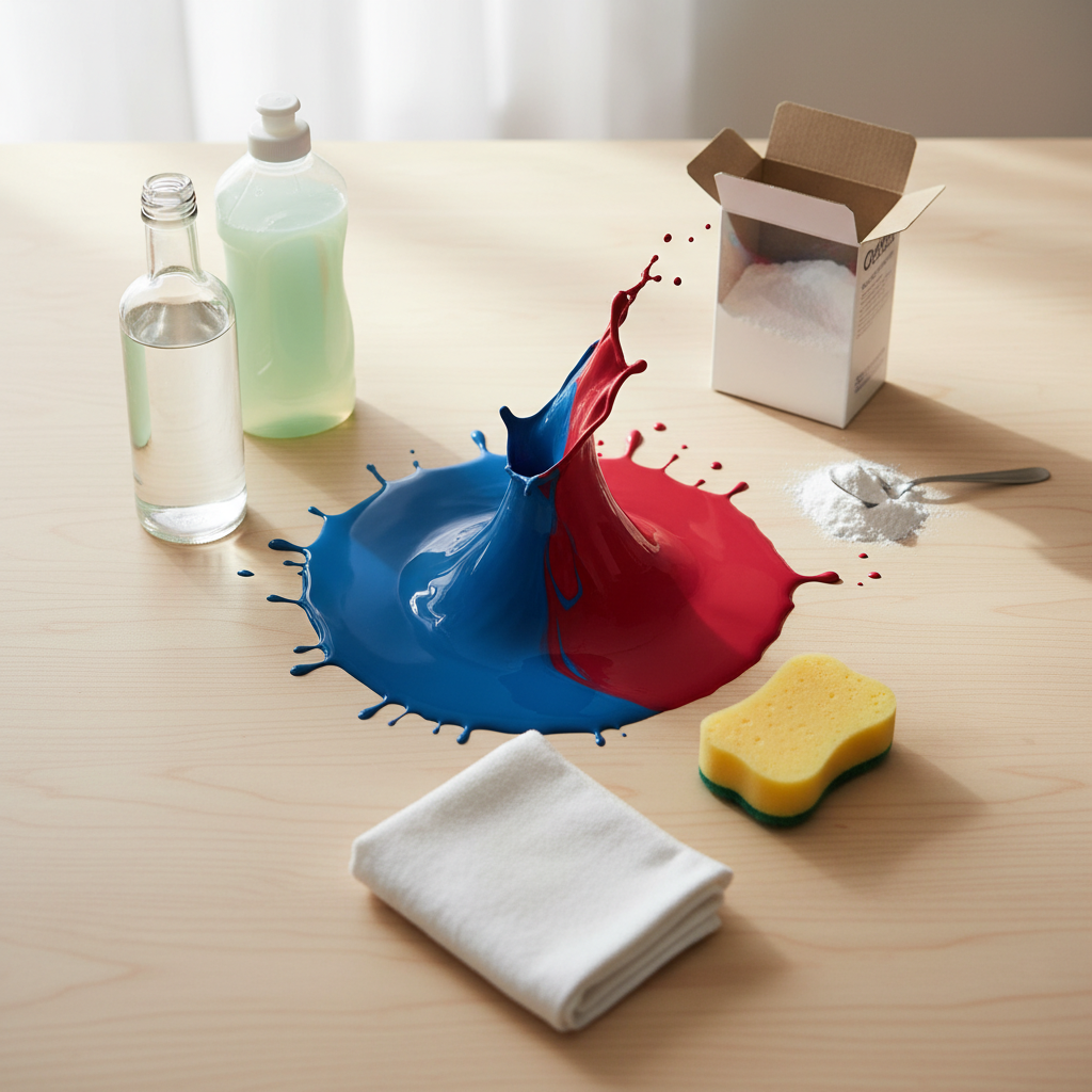 A pristine wooden table surface with a vibrant, colorful splash of wet paint (e.g., blue or red acrylic). Arranged neatly around the paint splat are a few common household items: a clear glass bottle of white vinegar, a generic clear bottle of dish soap, and an open container of baking soda powder with a small spoon. A clean, folded white cloth or sponge is also present, hinting at the tools for removal. The scene should convey the idea of readily available, simple solutions for paint removal. Style: Clean, bright, and professional product photography with a slightly elevated, aesthetic touch. Good depth of field, natural lighting.