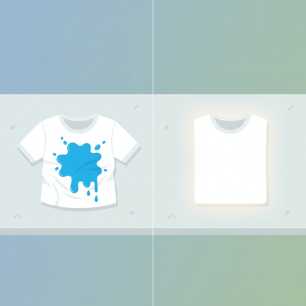 A vibrant, clean flat illustration depicting a common household scenario. On one side, a crumpled white t-shirt or pair of light-colored trousers has a prominent, fresh, bright blue paint splat, looking messy and unfortunate. On the other side, the identical garment piece is neatly folded and perfectly clean, with a gentle, soft glow, symbolizing successful stain removal. The background is simple and uncluttered, emphasizing the transformation from stained to pristine. The overall aesthetic is hopeful and achievable.
