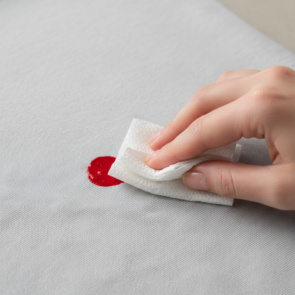 A professional close-up photograph, taken from an overhead perspective, demonstrating the critical 'first aid' steps for a fresh stain. A small, vibrant red paint stain is visible on a light grey cotton fabric. A person's hand, neatly manicured, gently dabs the stain with a clean, white absorbent cloth or paper towel, clearly illustrating the correct technique of blotting from the outside inwards, preventing the stain from spreading. The focus is sharp on the action, with a soft, clean background.