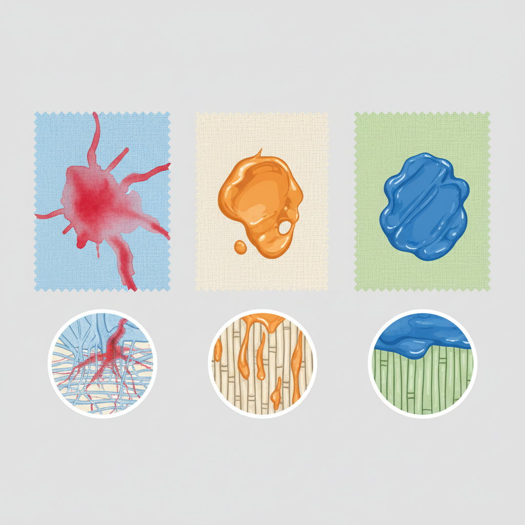 A clean, modern infographic-style illustration depicting three distinct textile swatches (e.g., cotton, linen, polyester) arranged horizontally. Each swatch has a different type of paint stain on it: a bright, runny, water-based paint, a thicker, more viscous oil-based paint, and a textured acrylic paint. Below each stain, a subtle visual metaphor illustrates its penetrative quality or adherence to fibers, like simple microscopic cross-sections of fabric showing different levels of pigment embedding. The color palette is bright and inviting, emphasizing clarity and informative visuals without any text.