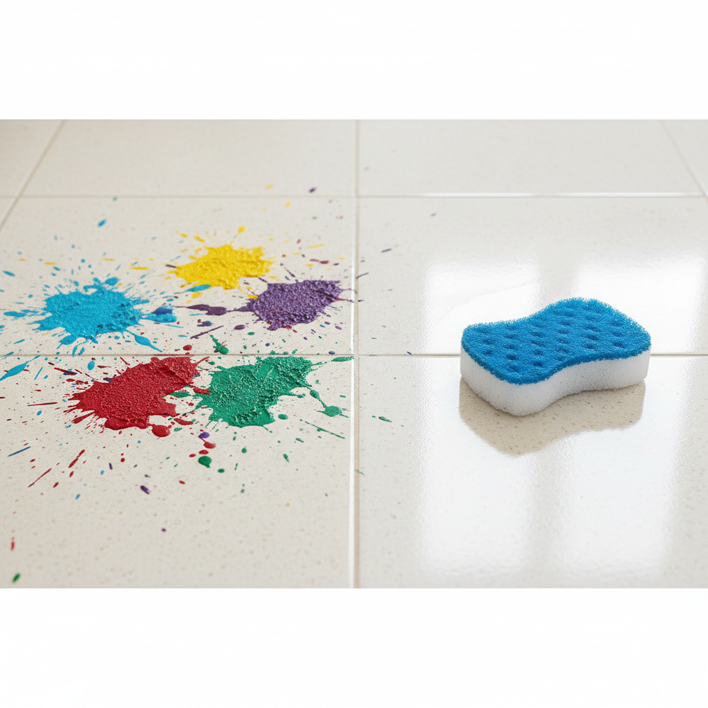A professional, realistic photo showing a close-up of light-colored ceramic floor tiles. On one side, several dried paint splatters in various vibrant colors (e.g., blue, red, yellow) are visible, creating a messy, unappealing look. The paint appears to be firmly adhered to the tile surface. Juxtaposed against this, the adjacent section of the tiles is immaculately clean, reflecting a subtle gleam. A small, clean scrubbing brush or sponge rests gently on the clean portion, hinting at the cleaning process. The scene should convey the transition from stained to spotless.