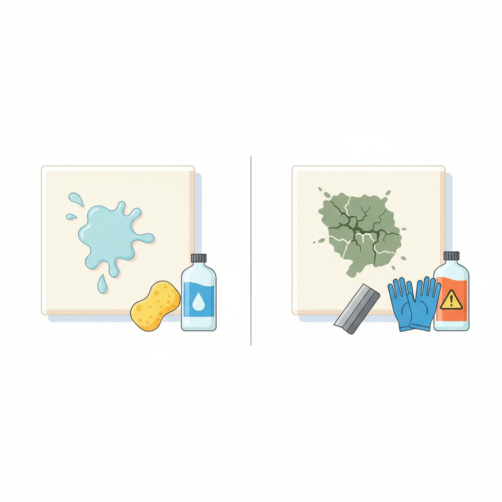 A clean, modern flat illustration divided into two distinct vertical panels. The left panel depicts a light-colored tile with a fresh, slightly wet, water-based paint splatter. Alongside it are simple cleaning items: a soft sponge and a generic bottle of mild soap or water, suggesting easy removal. The right panel shows a similar tile with a tough, dried, solvent-based paint stain, perhaps slightly darker or more textured. Beside this, more robust cleaning tools are illustrated: a small plastic scraper, protective gloves, and a generic bottle representing a stronger cleaning solvent. The overall image emphasizes the different approaches needed for varying paint types.