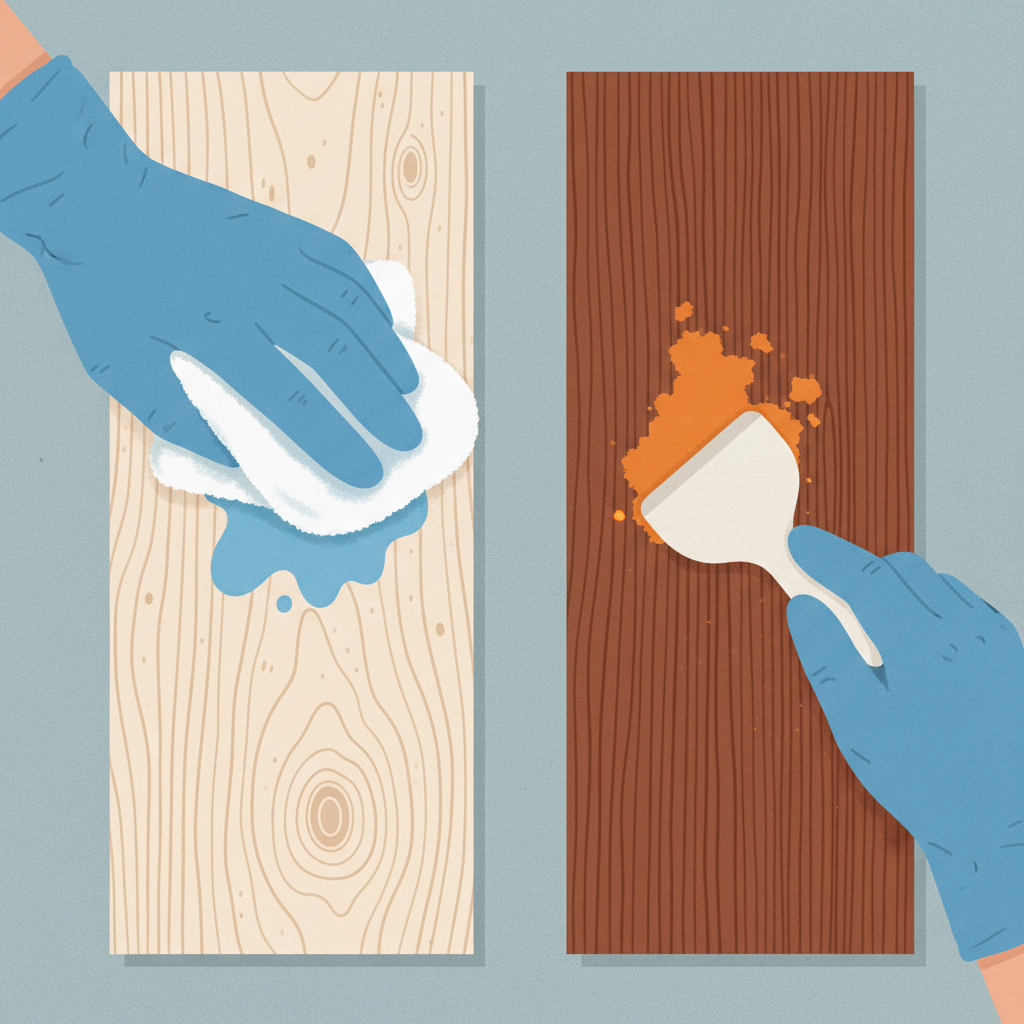 A clean, flat illustration style with subtle textures. The image is a split-screen composition. On the left, a light-colored, porous piece of softwood (e.g., pine) has a small, fresh paint splatter. A gentle hand, wearing a blue protective glove, carefully dabs the wet paint with a soft white cloth, emphasizing a delicate approach. On the right, a darker, dense hardwood (e.g., oak) shows a dried, tougher paint stain. A hand, also gloved, is meticulously scraping the dry paint with a small, rounded plastic scraper. The background is simple and uncluttered, highlighting the contrast between the wood types and removal methods.